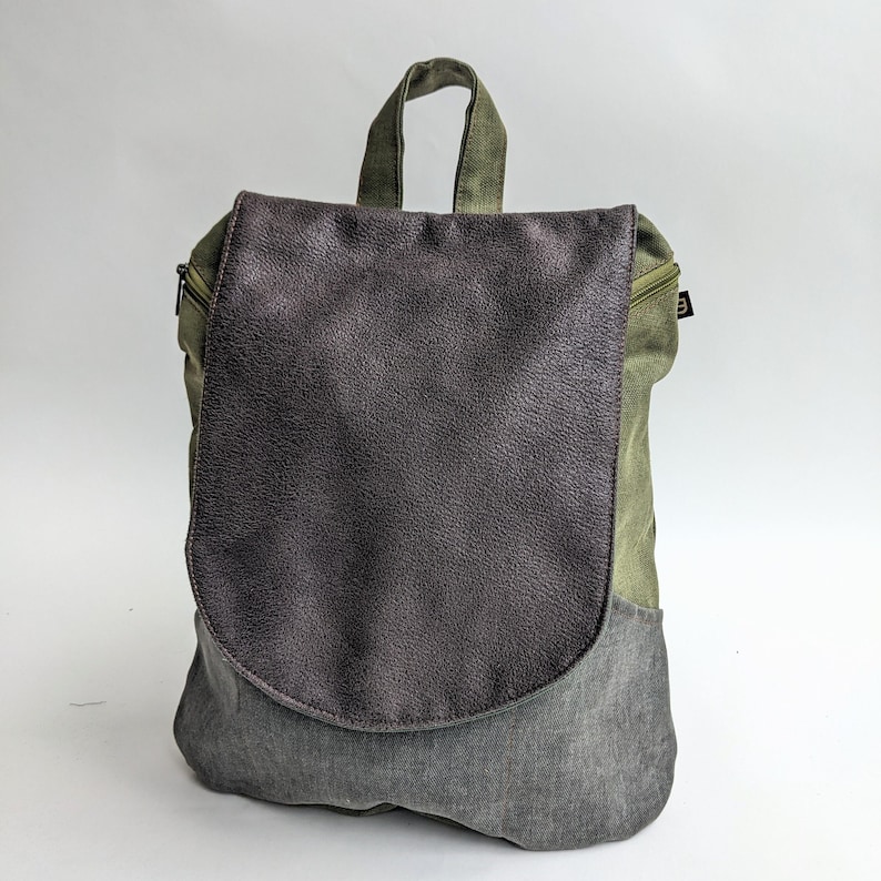 Vegan Sage Green & Gray Women Backpack Purse , Slim Casual Urban Backpack image 1