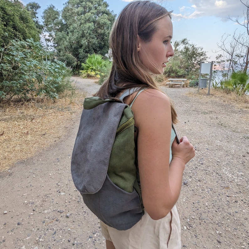 Vegan Sage Green & Gray Women Backpack Purse , Slim Casual Urban Backpack image 8