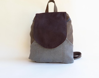 Vegan Canvas Backpack, Unisex Charcoal Brown & Gray Rucksack, Lightweight Travel Bag