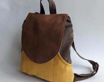 Canvas Backpack Purse, Brown & Yellow, Women's Rucksack