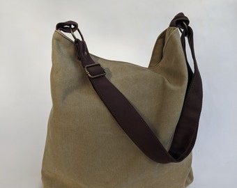 Khaki Green Vegan Canvas Hobo Bag, Medium Shoulder Purse