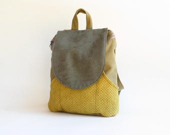 Green & Yellow Canvas Backpack Purse, Vegan Rucksack