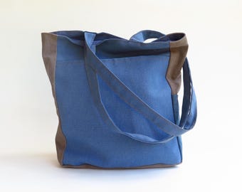 Light blue & Brown Canvas Tote Bag, Large Vegan Market Bag