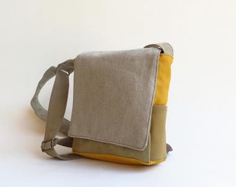 Vegan Canvas Messenger bag Gray & Yellow Jute Shoulder Purse