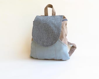 Vegan Canvas Backpack, Unisex Charcoal Brown & Light blue Rucksack, Lightweight Travel Bag