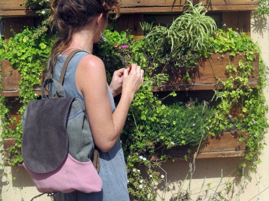 Pink Gray Canvas Backpack Vegan Backpack Purse Everyday Etsy