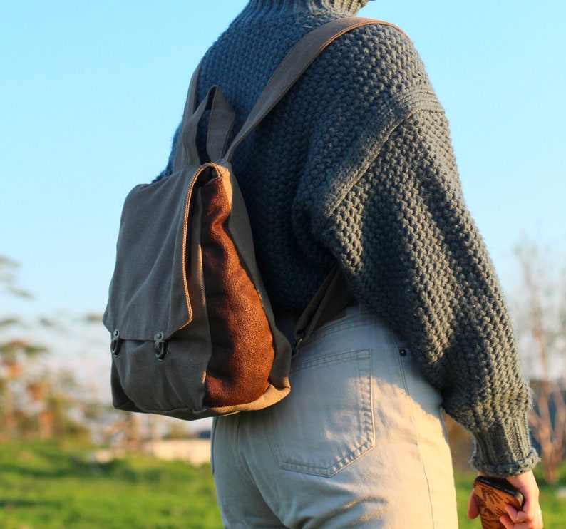 Brown Canvas Backpack Student School Backpack Durable Satchel Backpack Minimalist Backpack Purse Vegan Fabric Rucksack