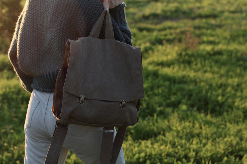 Brown Canvas Backpack Student School Backpack Durable Satchel Backpack Minimalist Backpack Purse Vegan Fabric Rucksack
