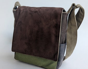 Veganistische bruine en groene crossbody tas, unisex messengertas, schattige canvas tas, alledaagse schoudertas, herentas, tablettas, stedelijke kruisschoudertas