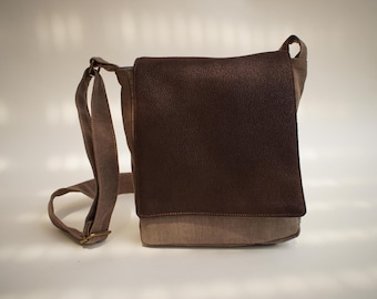 Small Canvas Brown&Gray Crossbody Messenger Bag, Vegan Unisex Bag