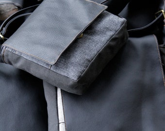 Black and Grey Crossbody Bag, Small Canvas and Vegan Leather Bag, Gifts For Men, Everyday Unisex Bags