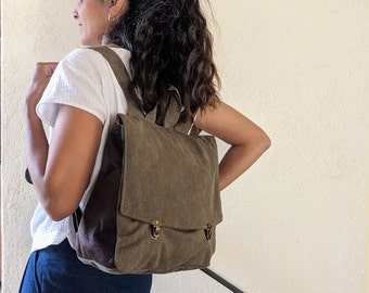 Brown Satchel Backpack, Vegan Eco Friendly Bag, Everyday Rucksack, Canvas Backpack, Backpack Purse, Vintage Style Satchel