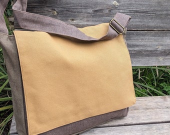 Khaki & Brown VEGAN Large Messenger Bag for Men, Carryall Travel Bags For Men, Boyfriend's Gift, Vegan Student Bag, Hippie Stylish Man Bag