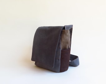 Vegan Canvas Messenger Bag,Brown & Gray Shoulder Purse