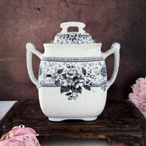 Antique Ironstone Sugar Bowl | Victorian Black & White Transferware | Aesthetic Movement | English Biscuit Jar