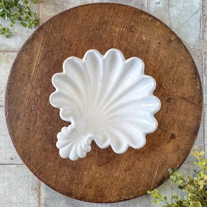 May include: A white, seashell-shaped ceramic dish with a scalloped edge, resting on a round, dark wooden cutting board. The dish has a detailed, textured surface. Decorative greenery is in the background.
