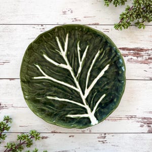 Vintage Olfaire Majolica Cabbage Leaf Platter | Green Portuguese Pottery Serving Plate (11" Diameter)