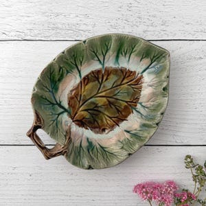 Antique Majolica Leaf Dish | Twig Handle | Green and Brown Victorian Tray