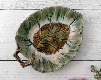 Antique Majolica Leaf Dish | Twig Handle | Green and Brown Victorian Tray