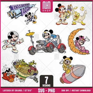 Mouse And Minnie Astronaut Svg Png, 7 Designs Easy to use Cartoon Characters Layered Svg by colors, Transparent Png, Cut Files for Cricut.