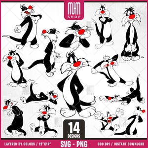 Sylvester Cat Svg Png, 14 modèles faciles à utiliser, Clipart personnages de dessins animés, Svg en couches par couleurs, Png transparent, fichiers faciles à découper pour Cricut