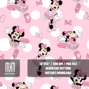 Seamless Pattern PNG, Minnie Mouse Ballerina, Cartoon Characters, Mouse and Friends, Fabric Design Sublimation, Ready for Textile Prints.