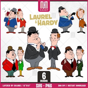 Laurel and Hardy Svg Png, 6 Designs Easy to use, Cartoon Characters, Layered Svg by colors, Transparent Png, Easy cut files for Cricut.
