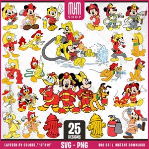 Mouse And Friends Firefighters Svg Png, 25 Designs Easy to use Cartoon Characters, Layered Svg by colors, Transparent Png, Files for Cricut.