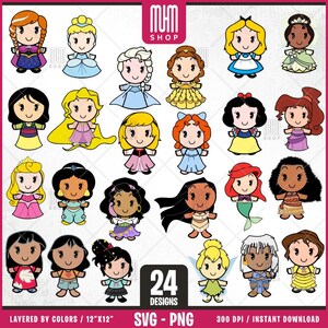 Pacchetto principesse Svg, 24 design facili da usare, Clipart personaggi dei cartoni animati, Svg a strati per colori, PNG trasparente, file di taglio facili per Cricut