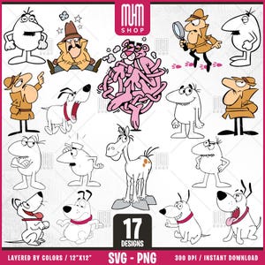 Pink Panther und Freunde, Png, 17 Designs einfach zu verwenden, Zeichentrickfiguren, Layered Svg nach Farben, transparente Png, Schnittdateien für Cricut.