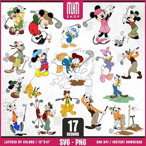 Mouse And Friends Golf Svg, 17 Designs Easy to use, Cartoon Characters, Layered Svg by colors, Transparent Png, Easy cut files for Cricut.