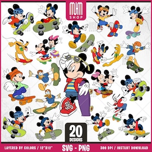 Mouse and Friends Skateboard Svg, 20 Designs Easy to use, Cartoon Characters, Layered Svg by colors, Transparent Png, Cut files for Cricut.