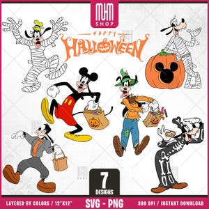 Goofy Halloween Svg Png, 7 Designs Easy to use Cartoon Characters, Layered Svg by colors, Transparent Png, Easy cut files for Cricut.