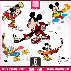 Mouse And Friends Hockey Svg, 5 Designs Easy to use, Cartoon Characters, Layered Svg by colors, Transparent Png, Easy cut files for Cricut.