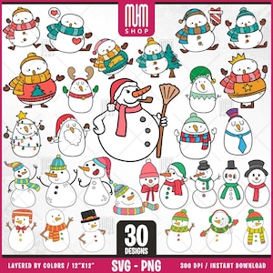 Snowman Svg Bundle, 30 Designs Easy to use, Cartoon Characters Clipart, Layered Svg by colors, Transparent Png, Easy cut files for Cricut.