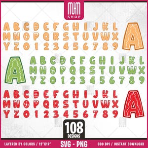Christmas Alphabet With Numbers Svg, 108 Designs, Cartoon Characters, Layered Svg by colors, Transparent Png, Easy cut files for Cricut.