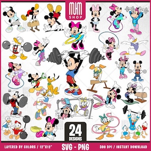 Mouse And Friends at GYM Svg, 24 Designs Easy to use, Cartoon Characters, Layered Svg by colors, Transparent Png, Easy cut files for Cricut.