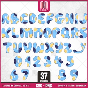 Blue Dog Alphabet With Numbers Svg, 37 Designs Easy to use Cartoon Characters, Layered Svg by colors, Transparent Png, Cut files for Cricut.