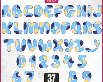 Blue Dog Alphabet With Numbers Svg, 37 Designs Easy to use Cartoon Characters, Layered Svg by colors, Transparent Png, Cut files for Cricut.
