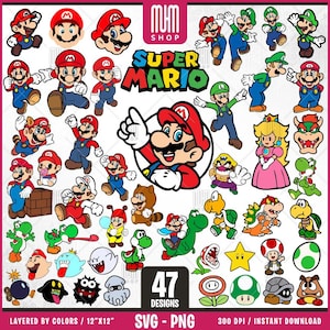 Super Mario Svg Png, 47 Designs Easy to use, Cartoon Characters Cliparts, Layered Svg by colors, Transparent Png, Easy cut files for Cricut.