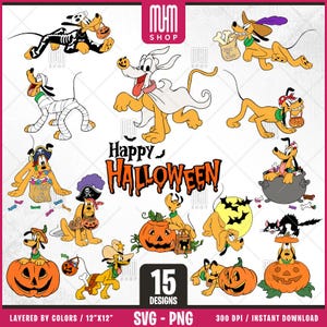 Pluto Halloween Svg Png, 15 Designs Easy to use Cartoon Characters, Layered Svg by colors, Transparent Png, Cut files for Cricut.