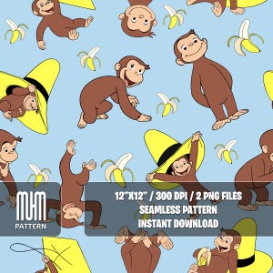 Seamless Pattern PNG, Curious George, Cartoon Characters, Banana George Monkey, Fabric Design Sublimation, Ready for Textile Prints.
