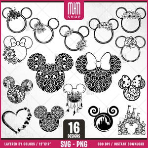 Mouse Floral Ears Svg Png, 16 Designs Easy to use, Cartoon Characters, Layered Svg by colors, Transparent Png, Easy cut files for Cricut.