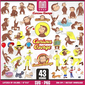Curious George Monkey Svg Png, 43 Designs einfach zu bedienen, Zeichentrickfiguren, Layered Svg nach Farben, transparente Png, Schnittdateien für Cricut.