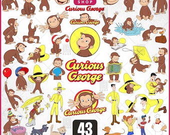 Curious George Monkey Svg Png, 43 Designs Easy to use, Cartoon Characters, Layered Svg by colors, Transparent Png, Cut files for Cricut.