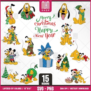 Pluto Merry Christmas Svg Png, 15 Designs Easy to use, Cartoon Characters, Layered Svg by colors, Transparent Png, Easy files for Cricut.