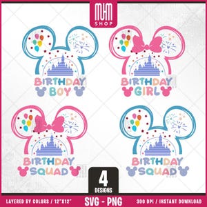 Birthday Mouse Svg Png, 4 Designs Easy to use, Cartoon Characters, Disneyland, Layered Svg by colors, Transparent Png, Cut files for Cricut.