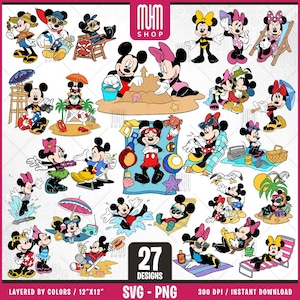 Mouse And Minnie At Beach Svg, 27 Designs Easy to use, Cartoon Characters, Layered Svg by colors, Transparent Png, Cut files for Cricut.