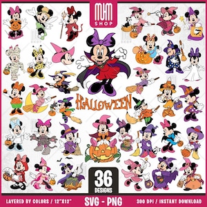 Minnie Mouse Halloween Svg Png, 36 Designs Easy to use Cartoon Characters, Layered Svg by colors, Transparent Png, Easy cut files for Cricut