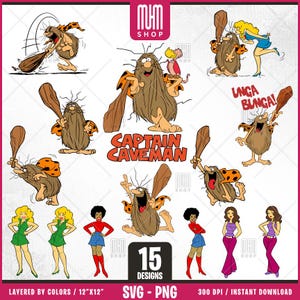 Captain Caveman Svg Png, 15 Designs Easy to use, Cartoon Characters, Layered Svg by colors, Transparent Png, Easy cut files for Cricut.
